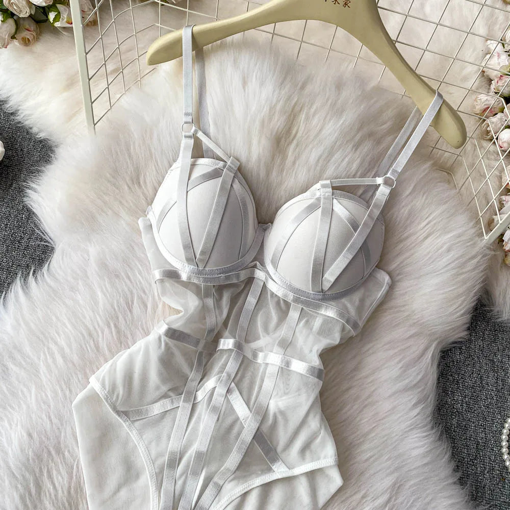 MOYISU Sexy Instagram Viral Bodysuit Women Pure & Sexy Sheer Mesh Halter Push Up Pads Summer Lingerie Euro Style Hot Sale SG