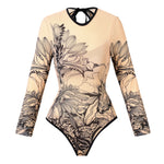 Long Sleeve Sunscreen One Piece Swimsuit Skirt Set for Women Vintage Floral Print Slim Fit Swimwear Holiday Bathing Suits 2025