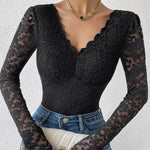 Sexy White Lace Bodysuit Women Solid Color Long Sleeve Sheer Corset Top Autumn Ruffles V Neck See Thourgh Slim Fit Jumpsuit