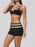 Breathable Striped Patchwork Yoga Clothing Women Fake Two-piece Sports Bra Folding High Waist Shorts Gym Running Fitness Suit