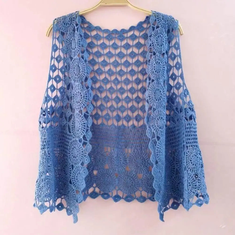 Women Summer Vest Hollow Out Retro Knitted Crochet Sleeveless Loose Open Stitch Thin Cardigan Daily Outwear Coat Top