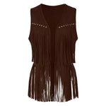 Women Tassel Fringe Vest Sleeveless Solid Waistcoat V Neck Open Front Cardigan Vintage Hippie Clothes Cowboy Cosplay Jacket