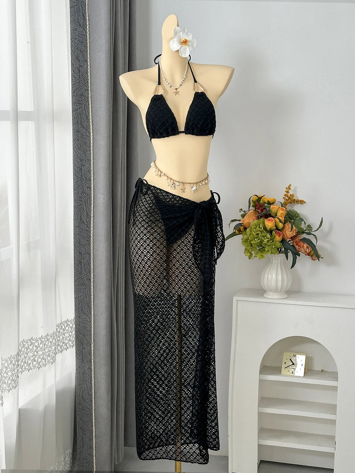 Sexy Mesh Cover Up 3 Piece Bikinis Sets 2026 Women Black Metal Chain Strap Push Up Thong Swimsuit Holiday Bathing Suit Swimwear