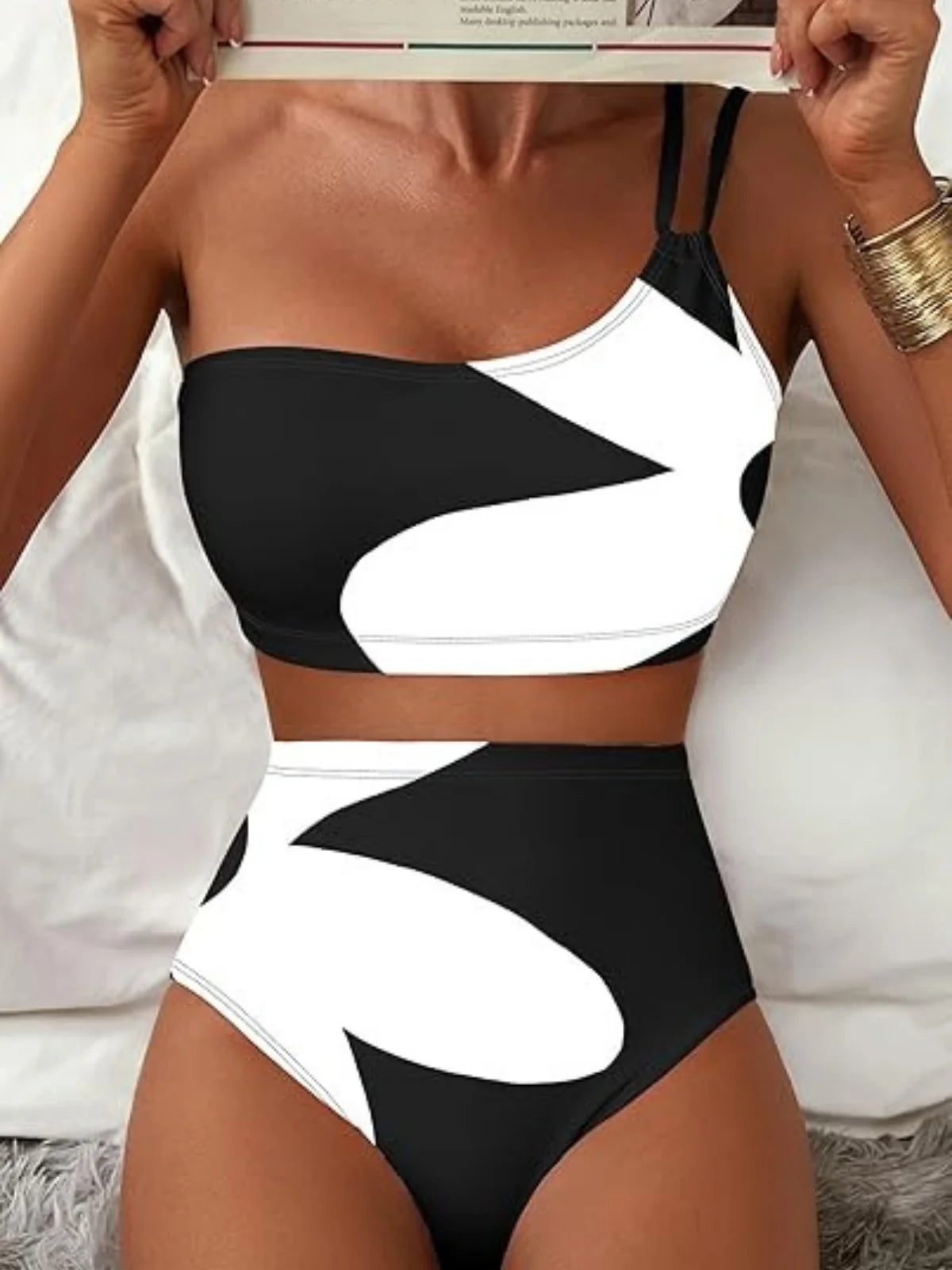 Sexy One Shoulder Swimwear Women 2026 Black White Patchwork Push Up Bra High Waist Swimsuit Beach Bathing Suit Holiday Bikini