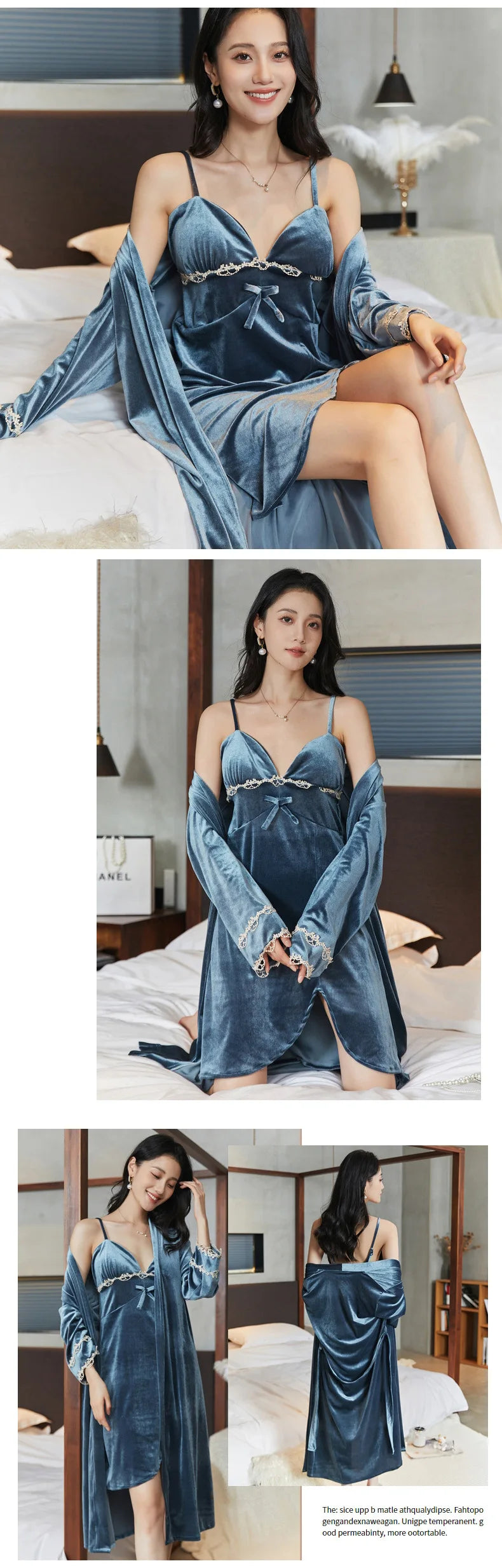Gold velvet pajamas, autumn and winter sexy suspender nightgown, nightgown set with chest pad, large size home clothes
