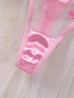 Pink Cherry Blossom Embroidered Lace Underwear Set - Sexy See-through Mesh Semi-cup Shaping Bra Thong Panties ZA825121