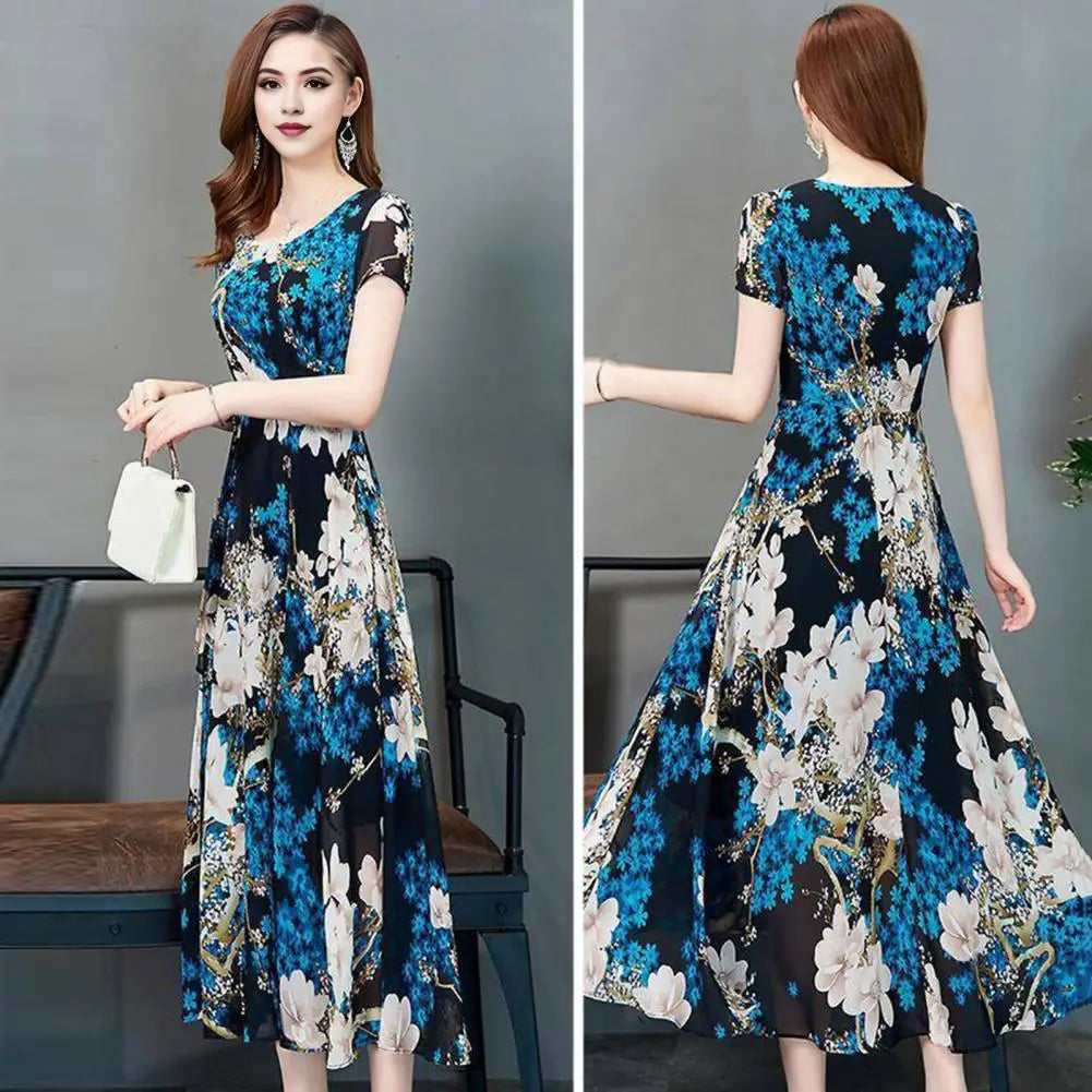 Summer Women Dress Floral Print A-line Big Hem High Waist Short Sleeves Round Neck Pleated Mid-calf Length Party Commute Dress