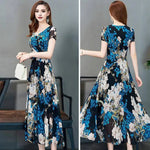 Summer Women Dress Floral Print A-line Big Hem High Waist Short Sleeves Round Neck Pleated Mid-calf Length Party Commute Dress