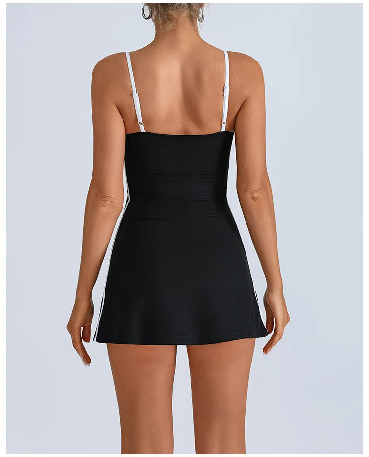 Women's Tennis Dress Summer Sleeveless Pink Contrast Workout Yoga Dresses Build in Shorts Fashion Tight Fitting Skirts Suit