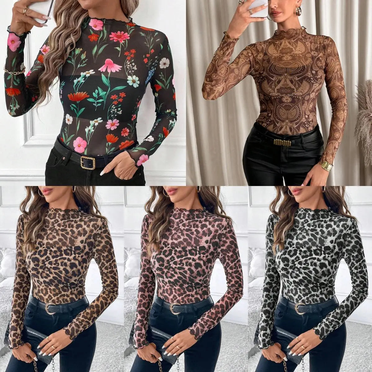 European and American style sexy leopard print mesh earrings tights T-shirt tops women's inner tops