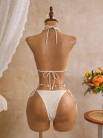 Sexy Mesh Cover Up 3 Piece Bikini Set 2026 Women White Metal Circle Push Up Bra Thong Swimwear Holiday Bathing Suit Swimsuit
