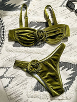 Sexy Velvet Bikini Sets Women Green 3D Flower Push Up Underwire Micro Swimsuit 2025 Summer Bathing Suit Thong Swimwear Biquini