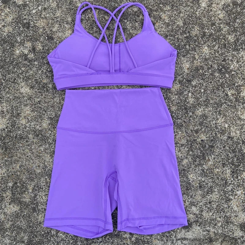 Solid Color Soft Women Gym Yoga Short Cycling Set Cross Back GymBra+High Waist Short Leggings High impact shockproof Sportwear
