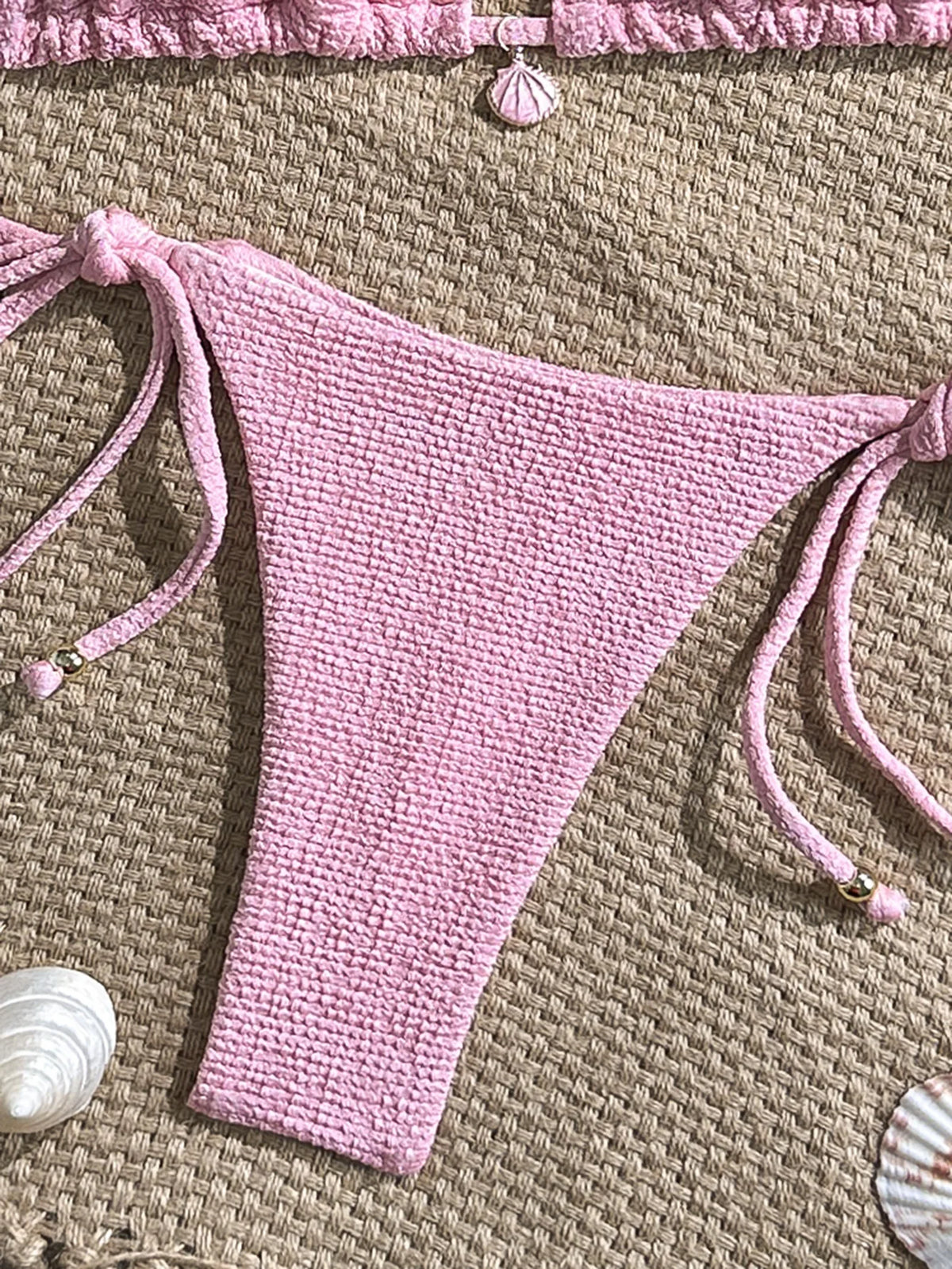 Sexy Pink White Bikini Set 2026 Women Shell Ornament Push Up Tie Side Thong Swimsuit Summer Bathing Suit Holiday Micro Swimwear
