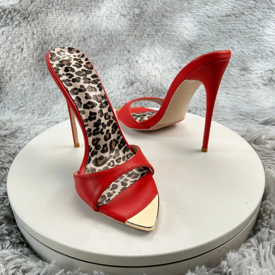 Red matte Leopard Base Slippers Pointed Toe Thin High Heels Women's Shoes Summer Casual Sexy Slip On Party One Word Belt Slipper