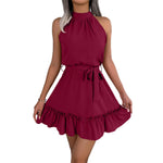Elegant Halter Mini Dress For Women Solid Color Off Shoulder Sleeveless A Line Summer Dress Tie Waist Ruffled Hem Office Dresses