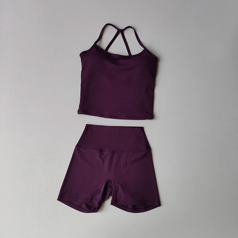 Women's Slim Shoulder Yoga Vest High Waisted Waist Hugging Naked Yoga Three Part Shorts Exercise Set Popular Fitness Clothing