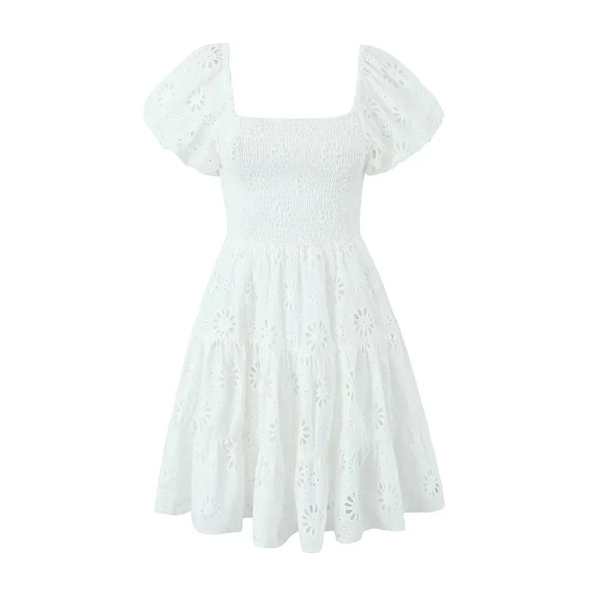 Puff Sleeve Cotton White Lace Dress Women Summer 2025 Square Collar Vintage Beach Short Dress Petite Flower EmbrioderyDress