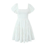 Puff Sleeve Cotton White Lace Dress Women Summer 2025 Square Collar Vintage Beach Short Dress Petite Flower EmbrioderyDress