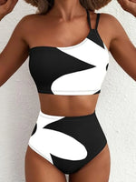 Sexy One Shoulder Swimwear Women 2026 Black White Patchwork Push Up Bra High Waist Swimsuit Beach Bathing Suit Holiday Bikini