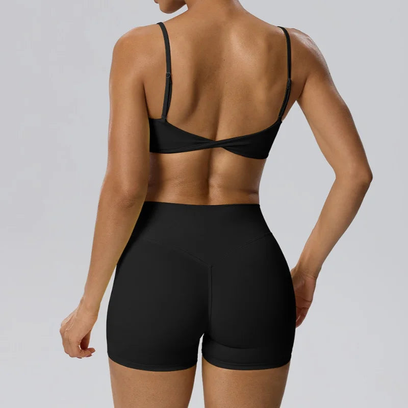 STOUREG Women 2 Piece Yoga Workout Set Adjustable Strap Twist Back Sports Bra Peach Hip Yoga Shorts Fitness Gym Outfit