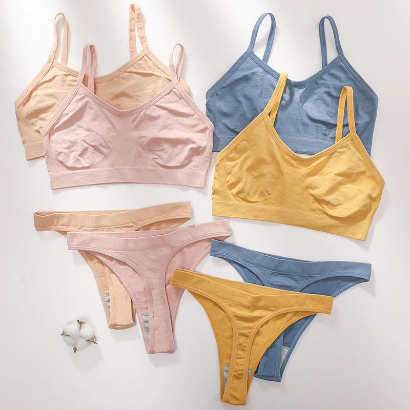 Women Ribbed Bra And Panties Set Seamless Bra Low Rise Thongs Sexy Lingerie Set Comfort Wire Free Tops Female Underwear
