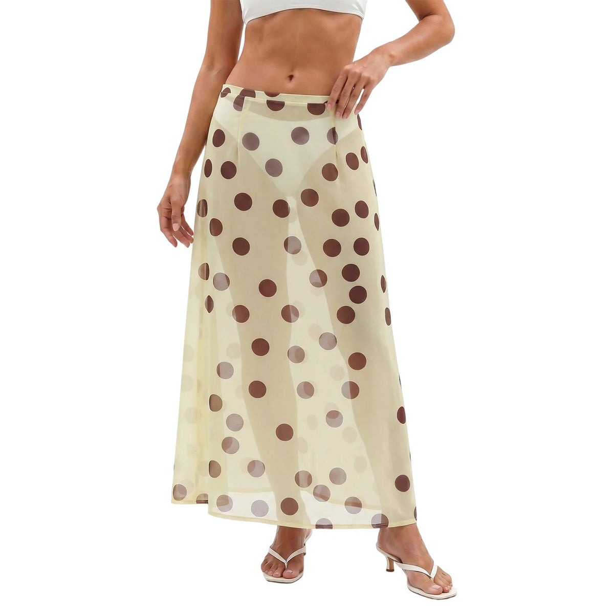Women Summer Long Chiffon Skirts Stripe Print Sheer Mesh A-Line Skirt for Beach Vacation Streetwear