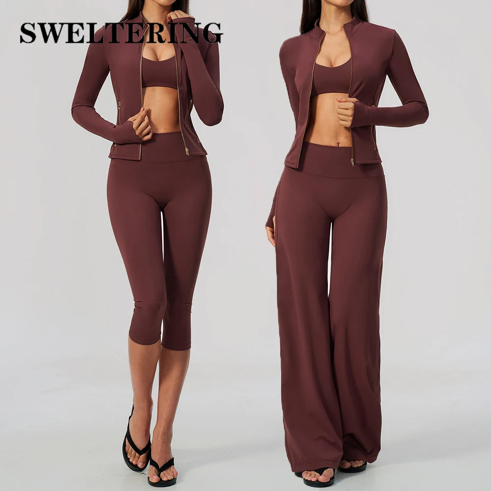 Yoga Set 3PCS Women's Tracksuit Workout Outfit Zipper Fitness Long Sleeved Sportswear Gym Clothes Female Sports Bra Yoga Clothes