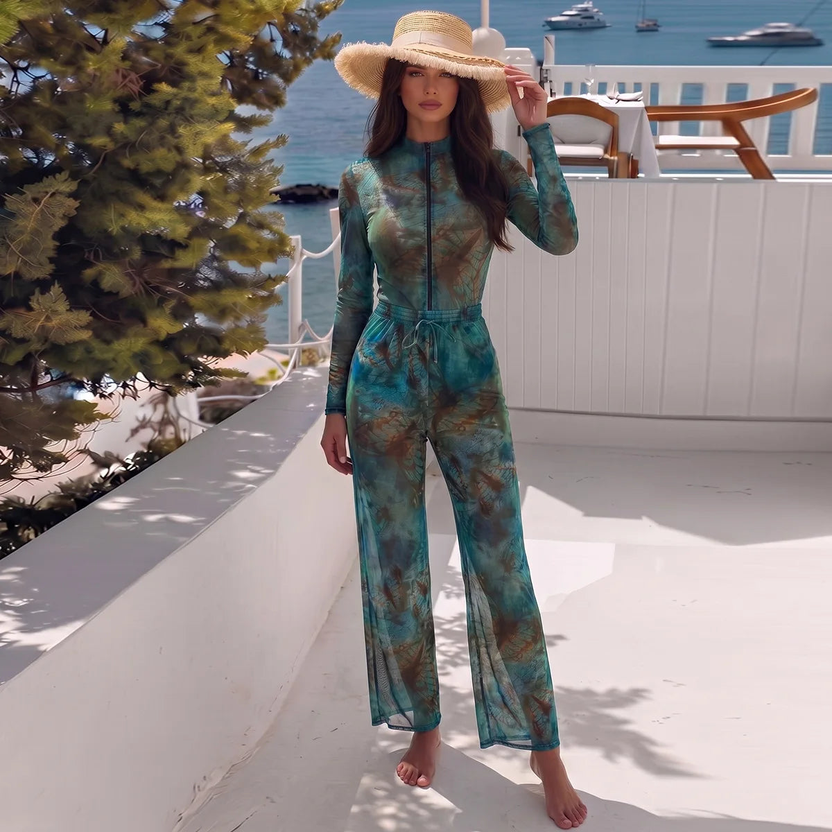 Vintage Blue Tie Dye SPF Pants Swimwear Sets Women Long Sleeve Front Zipper Slim Sun Protection Holiday One-piece Swimsuit 2026