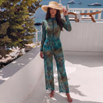 Vintage Blue Tie Dye SPF Pants Swimwear Sets Women Long Sleeve Front Zipper Slim Sun Protection Holiday One-piece Swimsuit 2026
