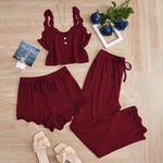 Ladies Autumn and Winter Three-Piece Pajamas Set Including Vest Shorts and Long Pants, Lace Camisole sexy Home Pajamas Set