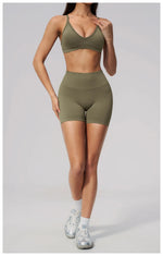 Seamless Yoga Excersize Sets Women Cross Back Sports Bra Tracksuit Workout Clothes High Waist Hip Lifting Shorts Fitness Suits