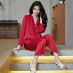 Spring and summer ice silk pajamas sexy lace long-sleeved cardigan home wear set