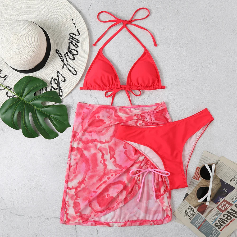 3 Pieces Bikini Set With SkirtTie Dye String Thong Bathing Suit Women Swimsuit FemaleSwimwear Beach Wear Swim Lady Summer
