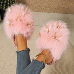 Women Winter Fluffy Closed Toe Slippers Sweet Bow Ornament Soft Non‑Slip Sole Warm Cozy Indoor Outdoor Casual Footwear