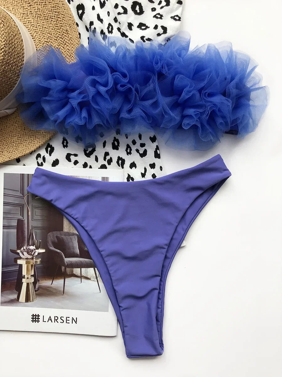 2025 New Sexy 3D Flower Mesh Ruffled Swimsuit High Waist bikini Women Bandeau Swimwear Female Two Pieces Bikini set Bathing Suit