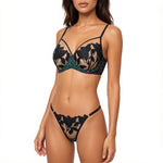3/4 cup gathered netted lace lingerie set - green leopard print black floral embroidered bra and panties set ZA825183