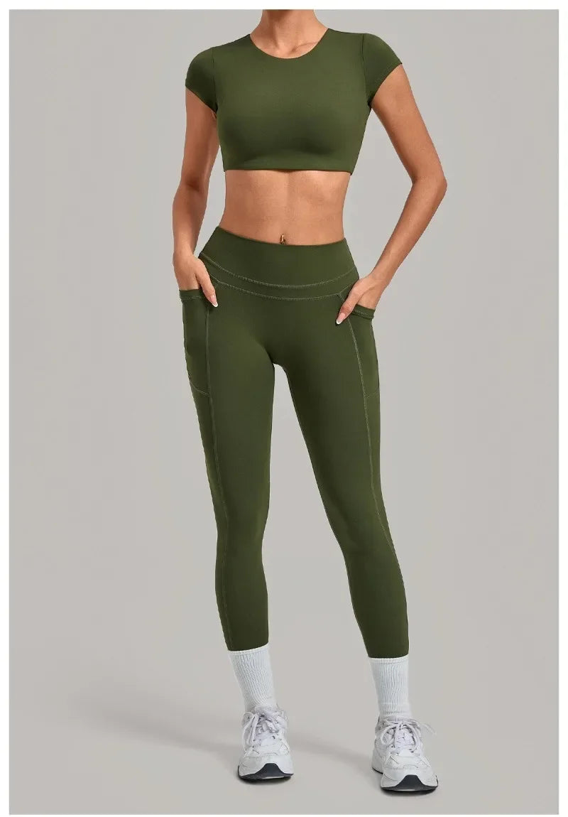 Women's Seamless Yoga Sets Sports Running High Waist Hip-lifting Pants Backless Short-sleeve Suits Workout Fitness Leggings Sets