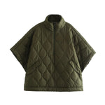 Quilted Argyle Coat Cape Rainproof Jacket Women Winter Jacket Army Green Casual Padded Loose Parkas Oversize Turtleneck Coat
