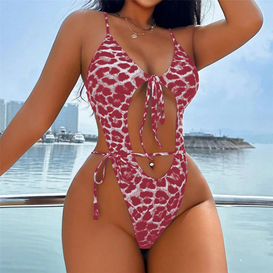 2026 Leopard Tummy Cut Out Knotted One Piece Swimsuit Women Swimwear Female High Cut Leg Padded Bather Bathing Suit Swim V6565