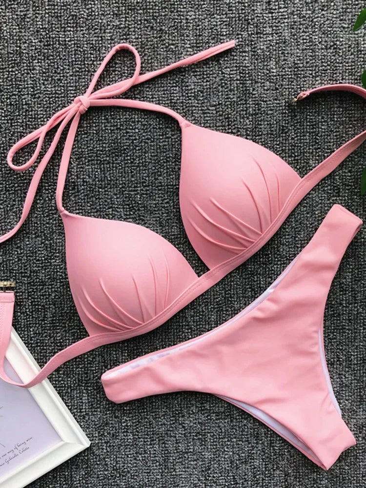 Sexy Halter Push Up Bra Cup Bikini 2025 Women Swimsuit Female Swimwear Two Pieces Bikini set Brazilian Bathing Suit Swim Beach
