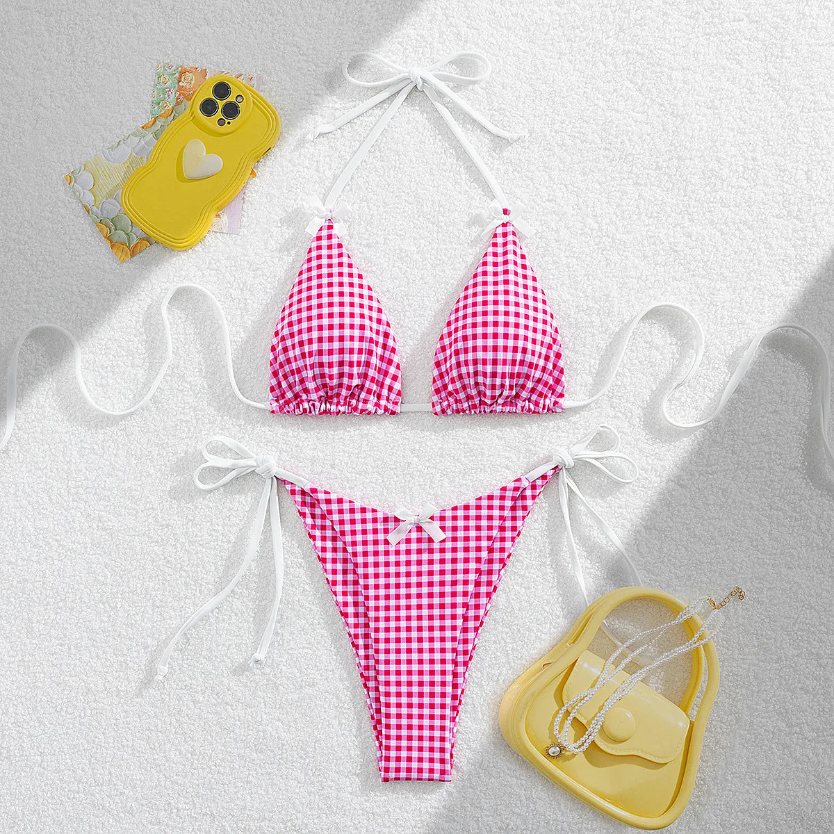 DEKA Brazilian Plaid Bikini Set Women Cut Out Swimsuit Print Swimwear High Waist Triangle Micro Two Piece Suit Biuqini Beach