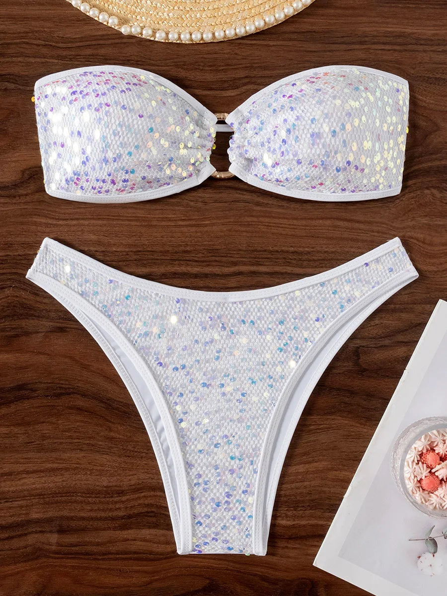 Shiny Sequins Mesh Bandeau Bikini Female Swimsuit Women Swimwear Two-pieces Bikini Set Brazilian Bathing Suit Swim Beach Wear