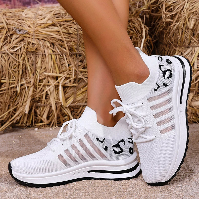 2026 Hollow Out Breathable Sneakers Women Plus Size Printed Thick Sole Walking Shoes Woman Comfortable Knitted Flats Female
