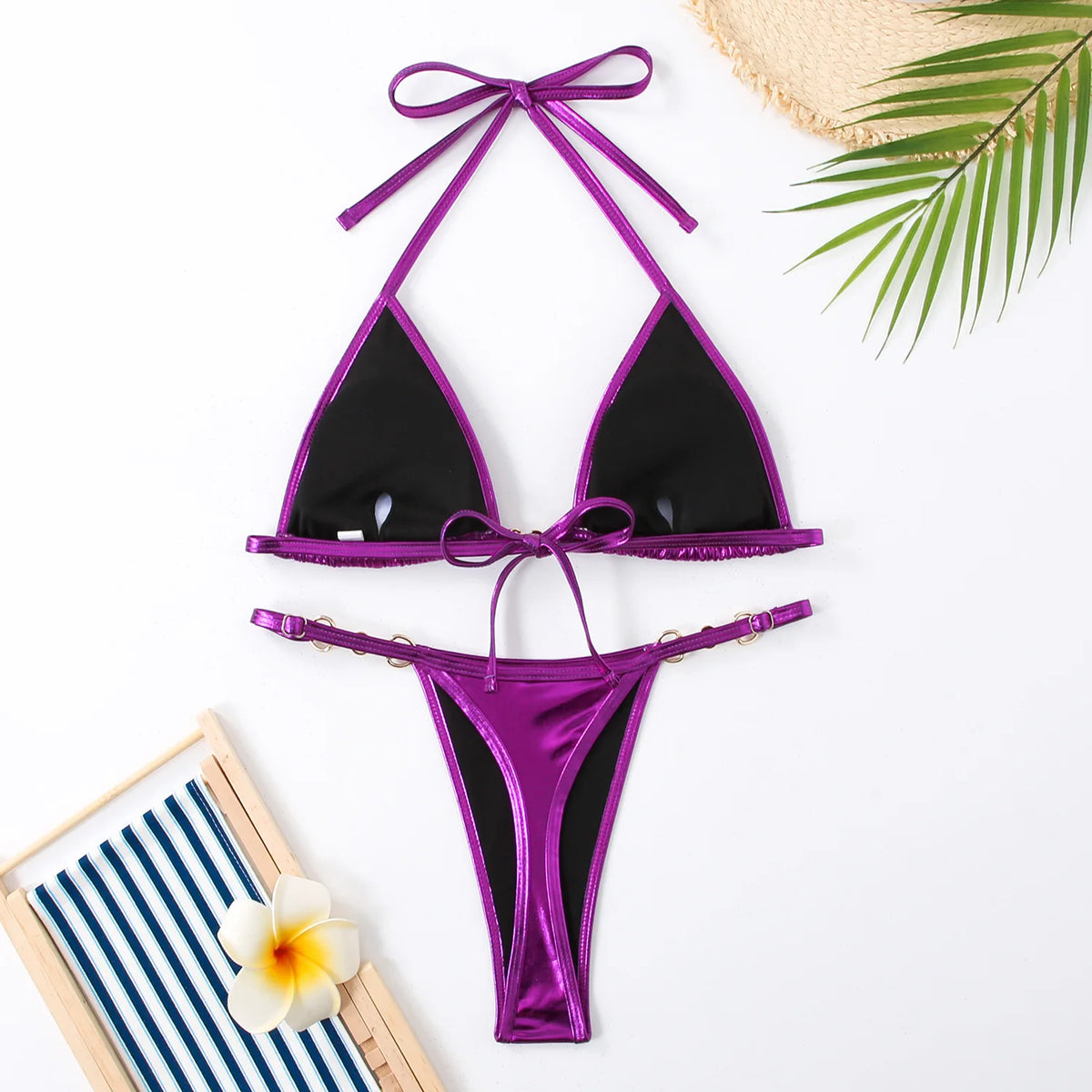 New Micro Bikini Set for Woman Chain Link Swimsuit Sexy Backless Neck Lace-up Bathing Suit Beachwear Female Push Up Swimwear