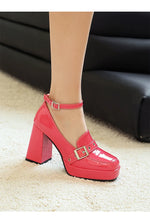 Plus Size Smooth Patent Leather Instep Metal Belt Square Buckle Platform High Thick Heel Ankle Buckle Sweet Lolita High Heels