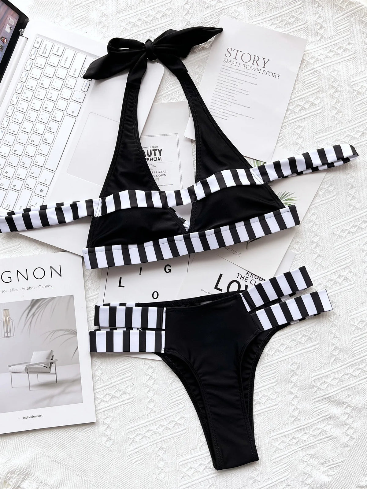 New Sexy Bikini Women Swimwear Swimsuit Striped Patchwork Hollow Halter Knotted High Waist Bikinis Set Bathing Suit Beach Bikini