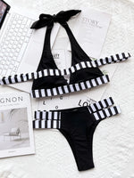 New Sexy Bikini Women Swimwear Swimsuit Striped Patchwork Hollow Halter Knotted High Waist Bikinis Set Bathing Suit Beach Bikini
