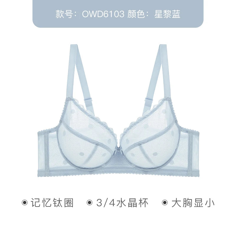 French Women's Push Up Hot Bra Unlined Lace Sheer Underwire Multiway Everyday Bra Polka Dot Unlined Minimizer 2024 OWD6103