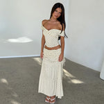 FDYOUI Woman Clothing Polka Dot Crop Tops and Lace-up Skirt Two Piece Sets Female Elegant Slash Neck Long Vacation Dresses Suit